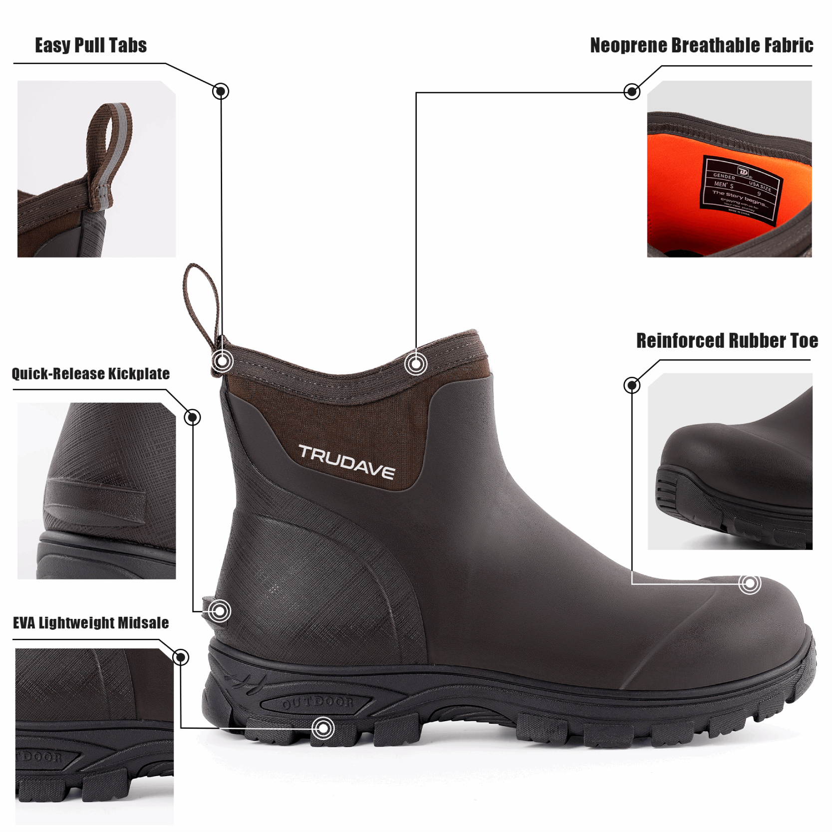 Side view of Trudave HuntGuard Series men’s brown waterproof ankle rubber rain boots showing 100 percent waterproof construction and durable outdoor design